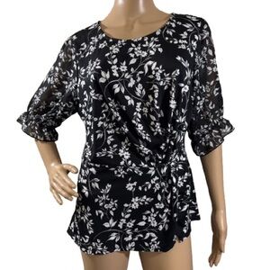 Perseption Concept Floral Black and White Women's Top Size L